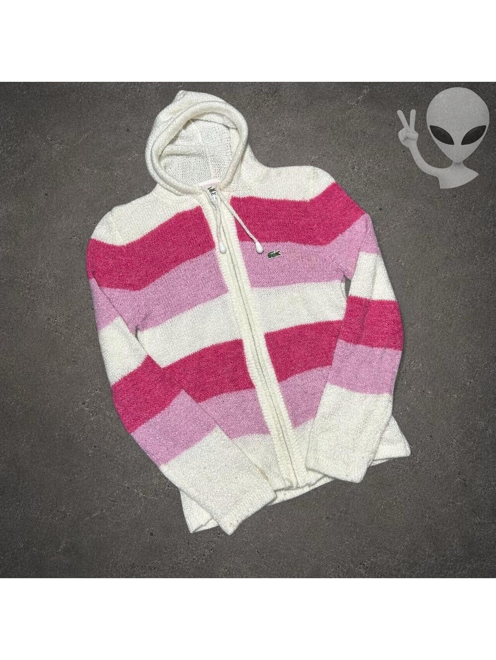Vintage Lacoste Striped Full-Zip Hooded Knit Sweater Jacket Pink White Size